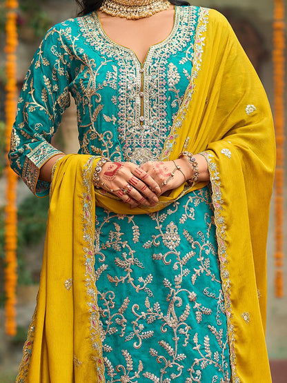 Zari Ethnic Motifs Embroidered Notch Neck Straight Kurta With Trousers & Dupatta