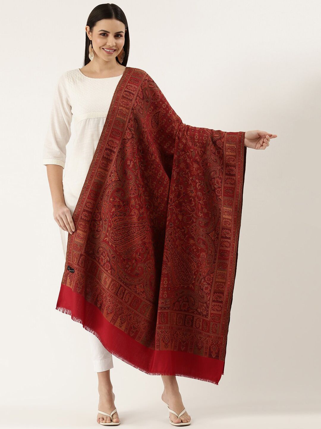 Dhiyona PA Women Maroon Paisley Woven Design Jamawar Shawl