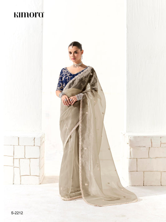 Dhiyona KM Women Royal Grey Saree With Blue Blouse “ Where Elegance Meets Fresh Charm