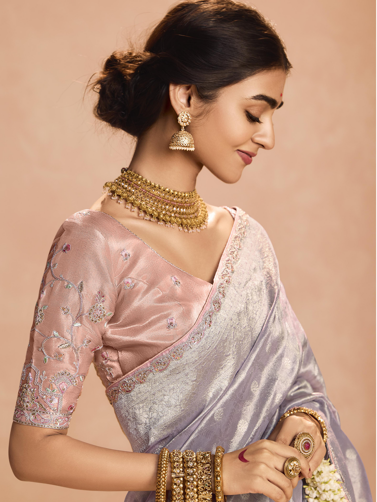 Dhiyona KM Women Lavender Kanjivaram Silk Saree With Blush Pink Embroidered Blouse “ Perfect For Weddings & Festive Wear