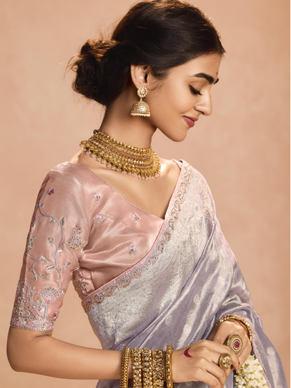 Dhiyona KM Women Lavender Kanjivaram Silk Saree With Blush Pink Embroidered Blouse “ Perfect For Weddings & Festive Wear