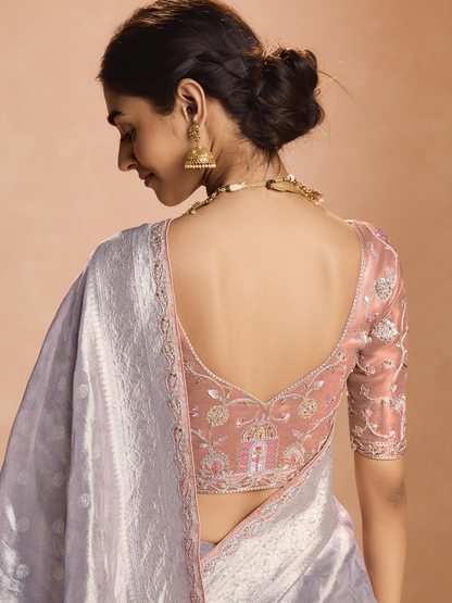 Dhiyona KM Women Lavender Kanjivaram Silk Saree With Blush Pink Embroidered Blouse “ Perfect For Weddings & Festive Wear