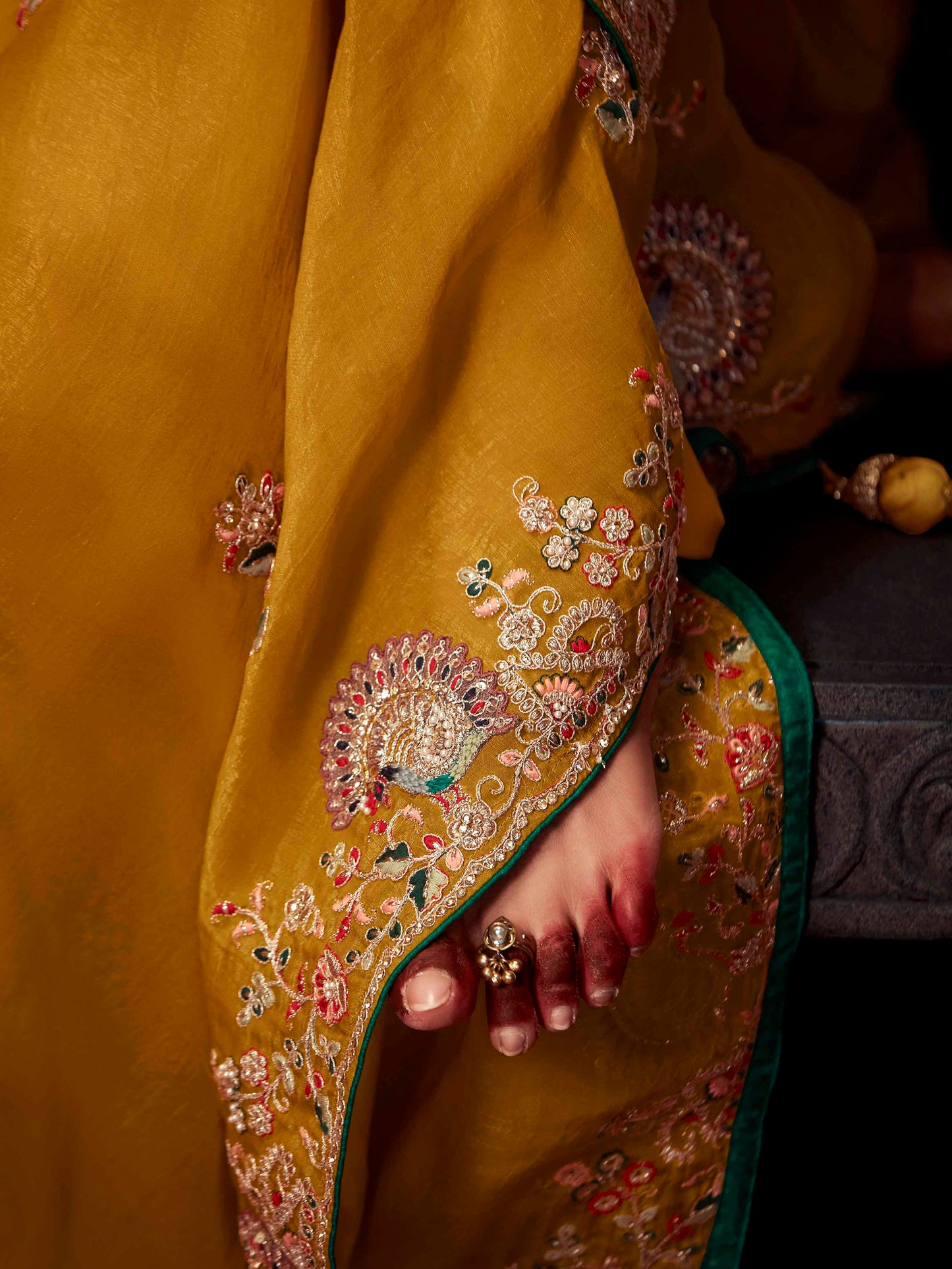 Dhiyona KM Women Mustard Yellow Designer Organza Silk Saree