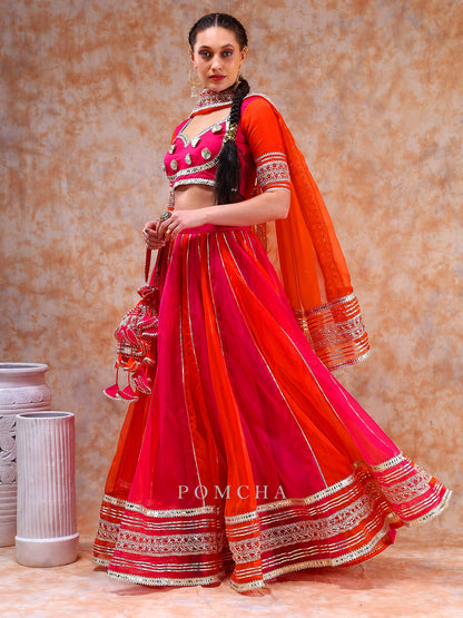 Dil Kash Orange Pink Double Shade Organza  Lehenga With Lace Work