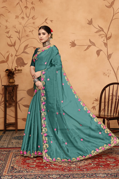Dhiyona GR Women's Armani Teal Jimmi Choo Embroidered Saree
