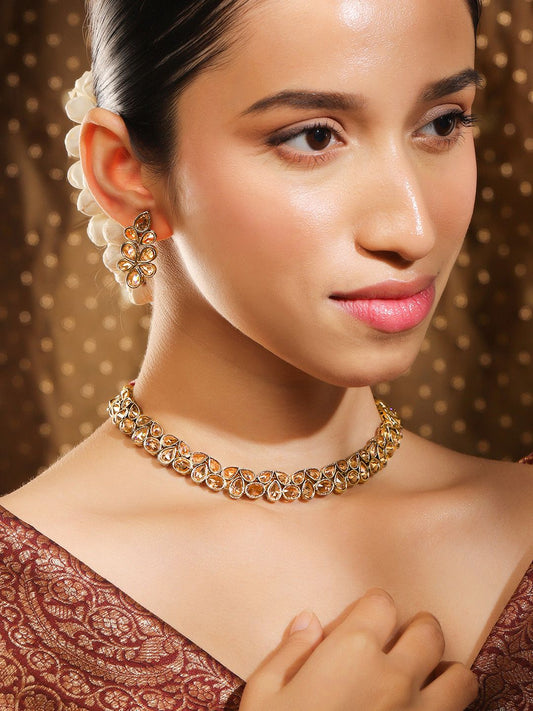 Dhiyona RJ Women's 22K Gold-Plated Kundan Stone Studded Necklace Set with Teardrop Shaped Earrings
