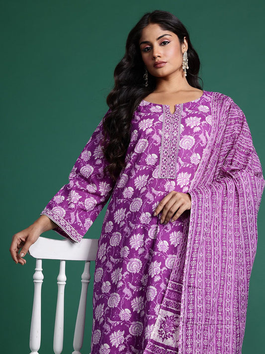 Dhiyona IE Plus Size Floral Printed Mirror Work Pure Cotton Kurta Set