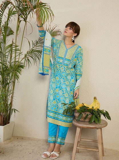 Women Floral Printed Cotton Kurta with Trousers & Dupatta