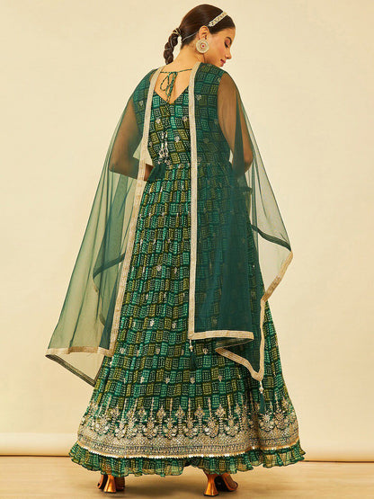 Dhiyona SO Women's Green Bandhani Printed Thread Work Georgette Anarkali Kurta & Churidar With dupatta