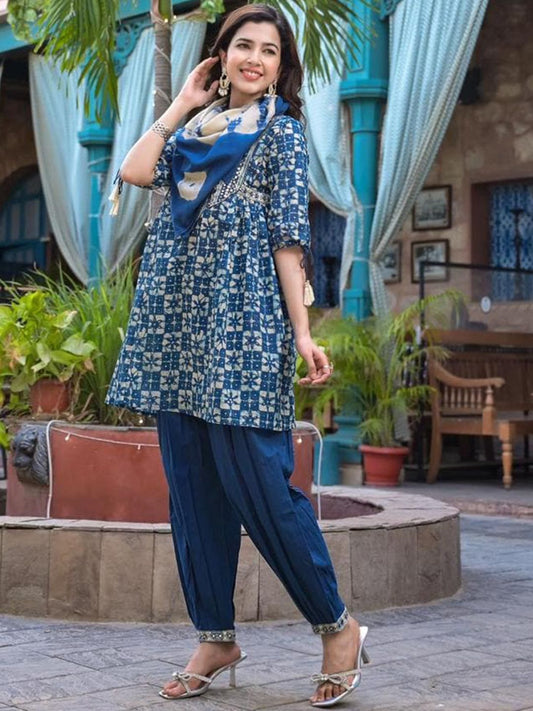 Dhiyona VA Women'sMirror Work Yoke Embroidered A-Line Kurta With Tonal Afghan Trouser & Dupatta