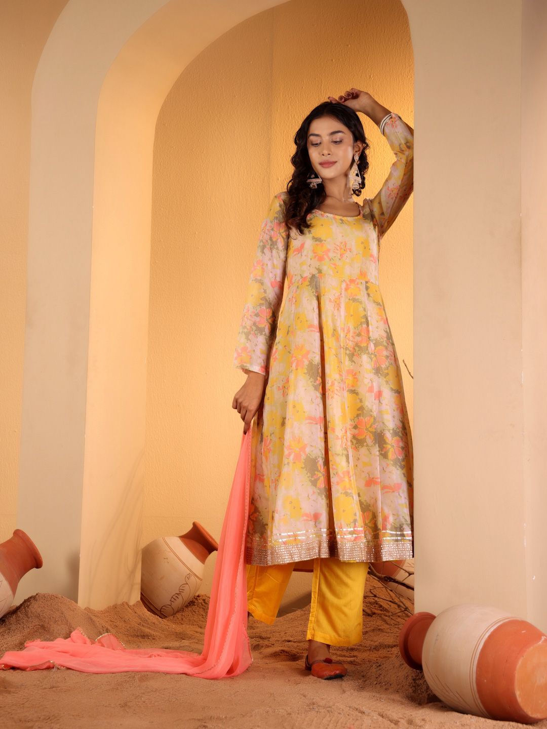 Dhiyona VA Women'sYellow Floral Printed Square Neck Kurta With Trousers & Dupatta