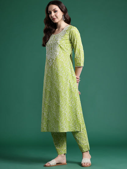 Dhiyona IE Women Paisley Embroidered Pure Cotton Kurta with Trousers