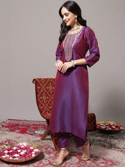 Dhiyona VA Women's Zari Embroidered Yoke Geometric Jacquard Kurta with Trouser & Dupatta