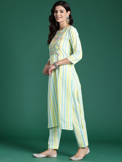 Dhiyona IE Women Striped Regular Thread Work Pure Cotton Kurta with Trousers