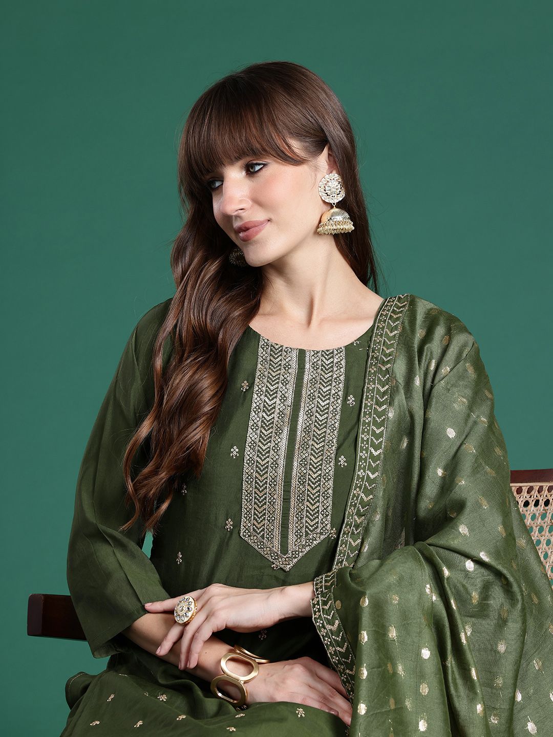 Dhiyona IE Ethnic Motifs Embroidered Sequinned Kurta with Trousers & Dupatta