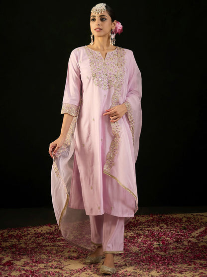 Dhiyona IE Ethnic Motifs Embroidered Regular Straight Kurta & Trousers With Dupatta