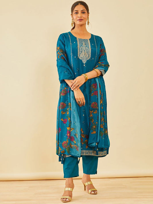 Dhiyona SO Women's Women Floral Printed Regular Zardozi Kurta with Trousers & With Dupatta