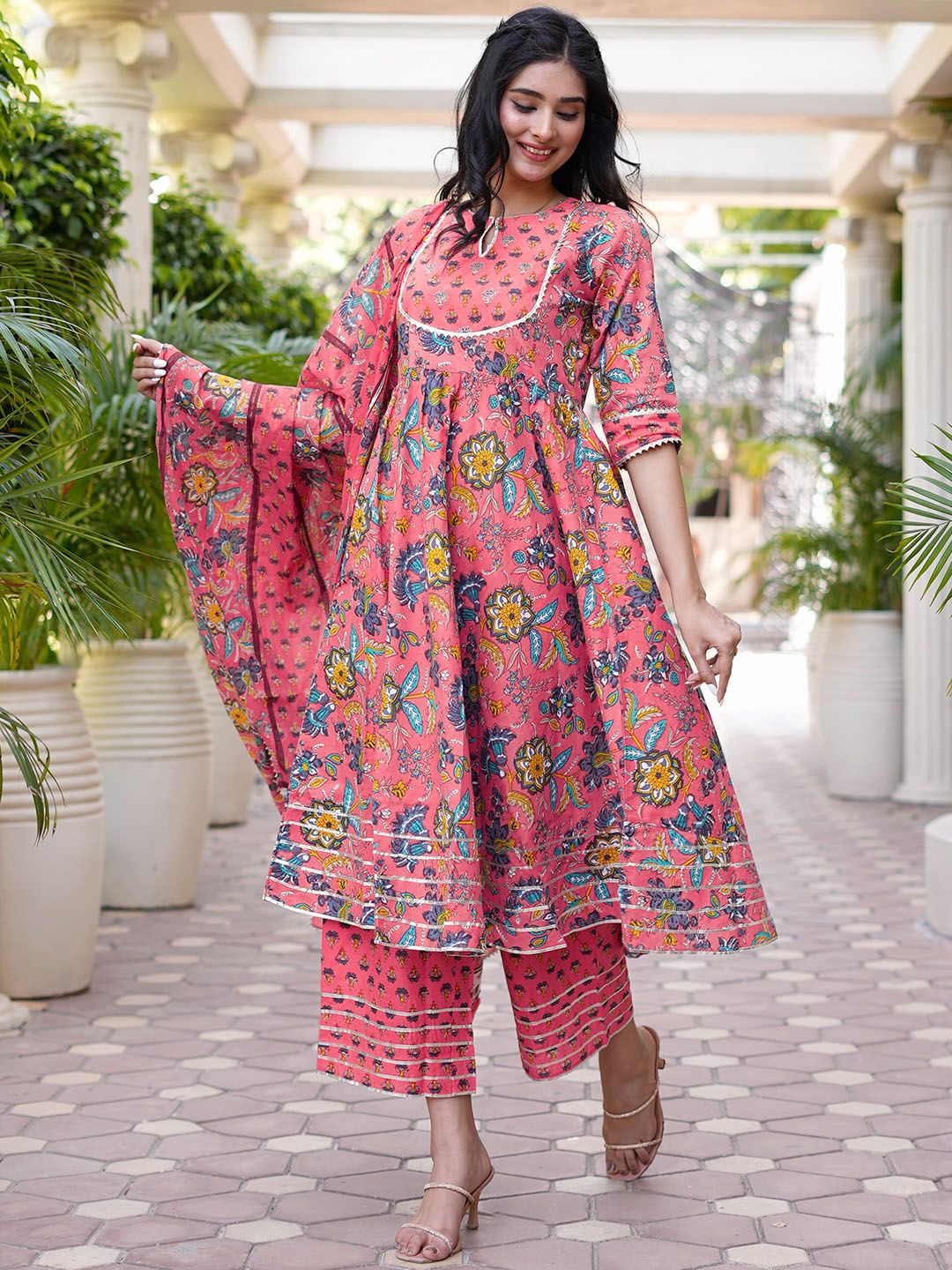 Dhiyona LB Women's Women Pink Floral Printed Panelled Pure Cotton Kurta with Palazzos & With Dupatta