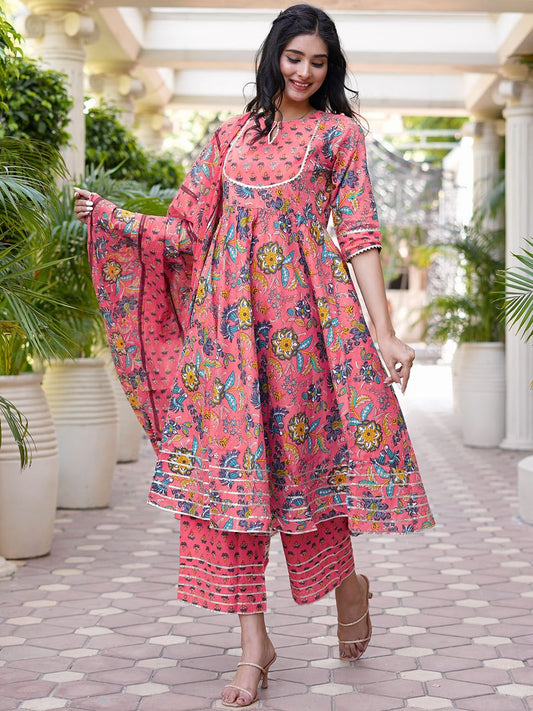 Dhiyona LB Women's Women Pink Floral Printed Panelled Pure Cotton Kurta with Palazzos & With Dupatta
