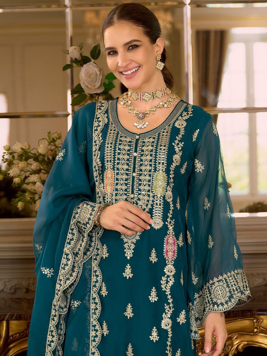 Dhiyona IE Adults-Women Woven Design Embroidered Kurta with Trousers & Dupatta