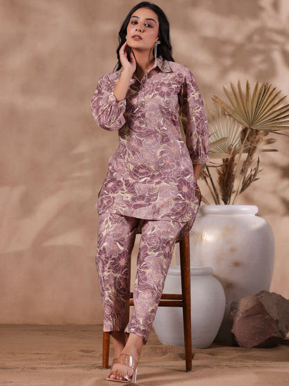 Dhiyona IS Women's Floral Printed Shirt Collar Puff Sleeve Beads and Stones Silk Blend Kurta Set
