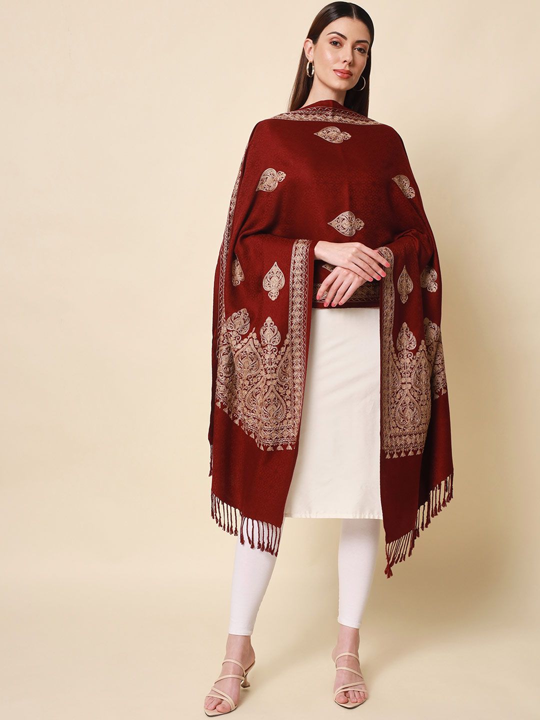 Dhiyona PA Women Wine Aari Embroidered Shawl