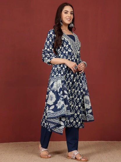Dhiyona VA Women'sFloral Printed V-Neck Gotta Patti Pure Cotton A-Line Kurta With Trousers & Dupatta