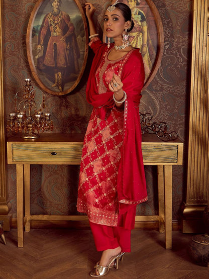 Women Embroidered Regular Kurta with Trousers & With Dupatta