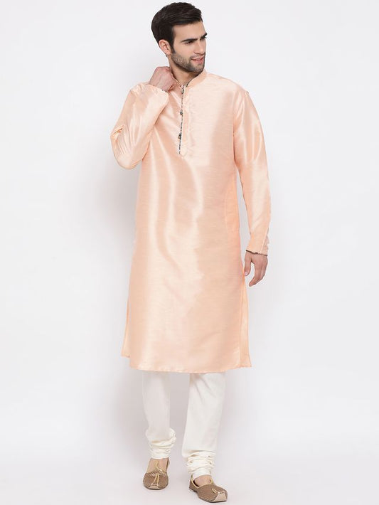 Men's Peach Cotton Silk Straight Kurta Pyjama Set