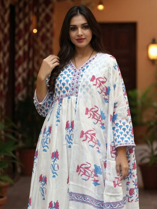 Dhiyona IE Women's Women Floral Printed Empire Pure Cotton Kurta with Trousers & Dupatta