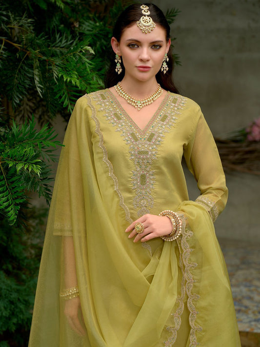 Ethnic Motifs Embroidered Zari Kurta with Trousers & Dupatta