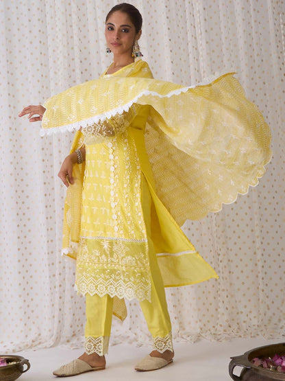 Round Neck Floral Embroidered Pure Cotton Straight Kurta with Trouser & Dupatta