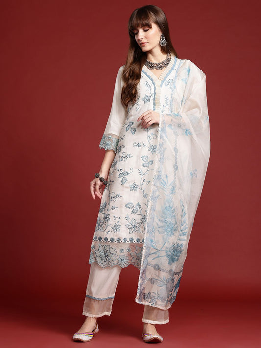 Dhiyona IE Floral Embroidered Lace Detailed Layered Kurta & Trousers With Dupatta