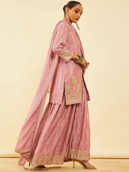 Dhiyona SO Women's Alina Cut Pink Ethnic Motifs Embroidered Regular Sequinned Kurta With Palazzos & Dupatta