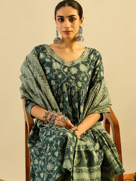 Dhiyona IE Green Floral Printed V-Neck Pure Cotton A-Line Kurta with Trousers & Dupatta