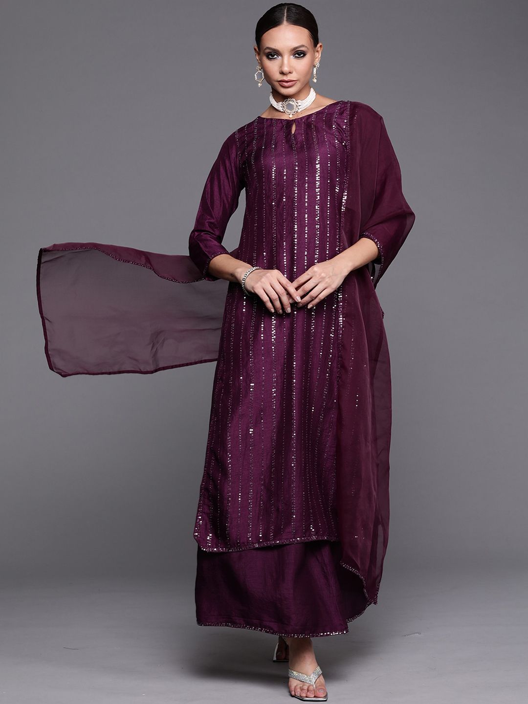 Dhiyona IE Purple Embellished Keyhole Neck Kurta with Palazzos & Dupatta