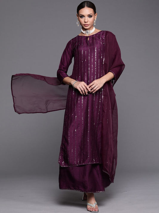 Dhiyona IE Purple Embellished Keyhole Neck Kurta with Palazzos & Dupatta