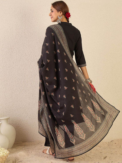 Dhiyona IE Women Ethnic Motifs Printed Mirror Work Pure Cotton Kurta with Trousers & Dupatta