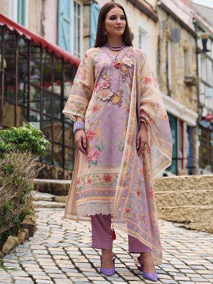 Floral Embroidered Beads and Stones Linen Kurta with Trousers & Dupatta