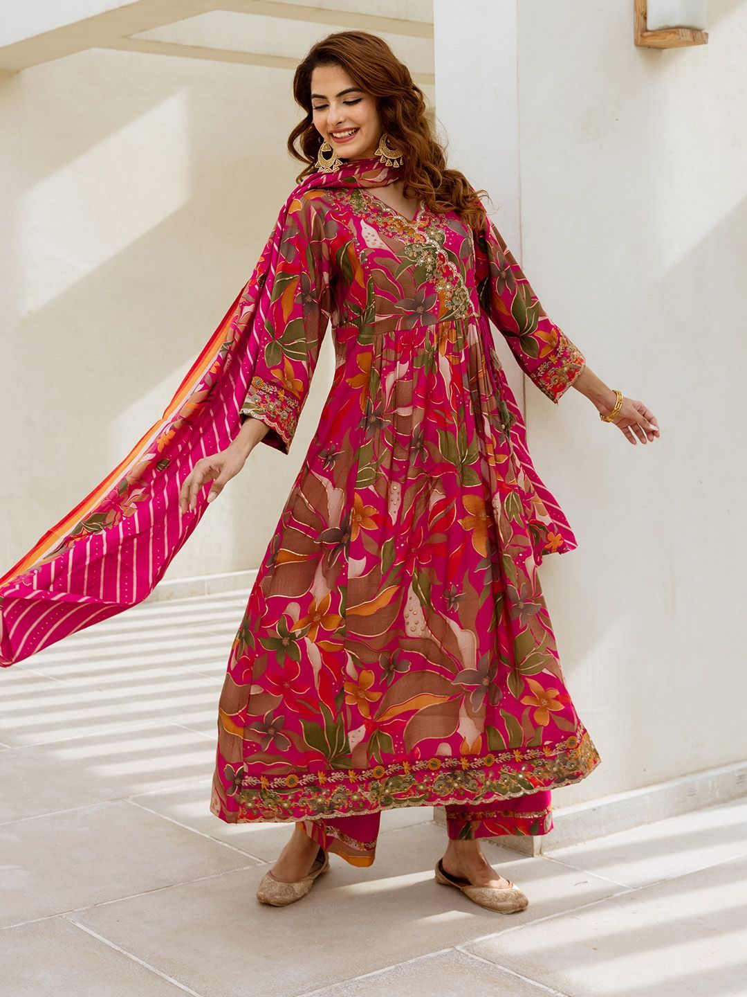 Dhiyona IS Women's Floral Printed Pure Cotton Thread work Anarkali Kurta With Palazzos And Dupatta