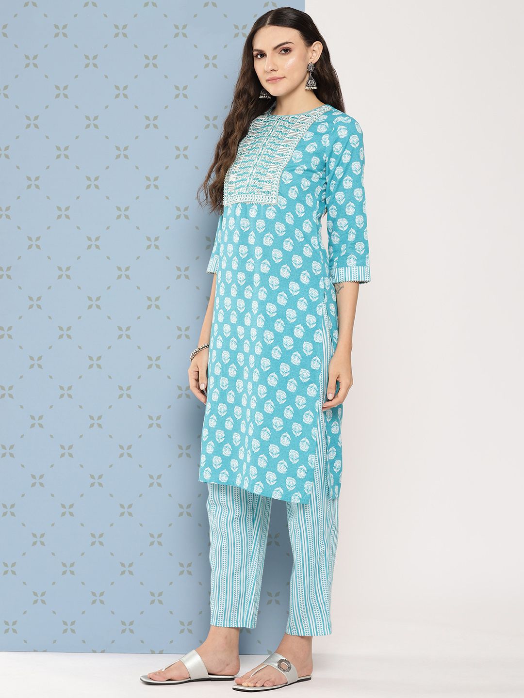 Dhiyona IE Women Floral Printed Regular Sequinned Pure Cotton Kurta with Trousers & Dupatta