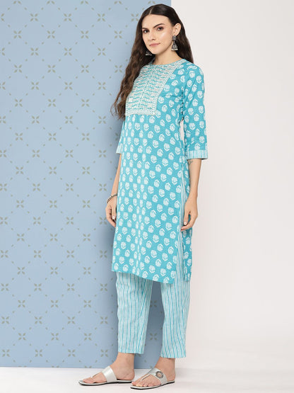 Dhiyona IE Women Floral Printed Regular Sequinned Pure Cotton Kurta with Trousers & Dupatta