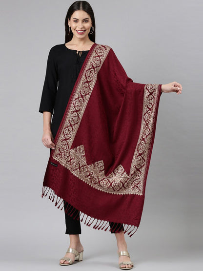 Dhiyona PA Women Maroon Tasselled Embroidered Shawl