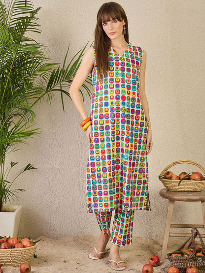 Geometric Printed V-Neck Pure Cotton Kurta With Trousers