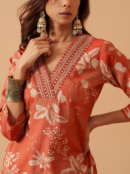 Dhiyona SN Women's Floral Printed Chanderi Cotton V-Neck Straight Kurta With Trousers