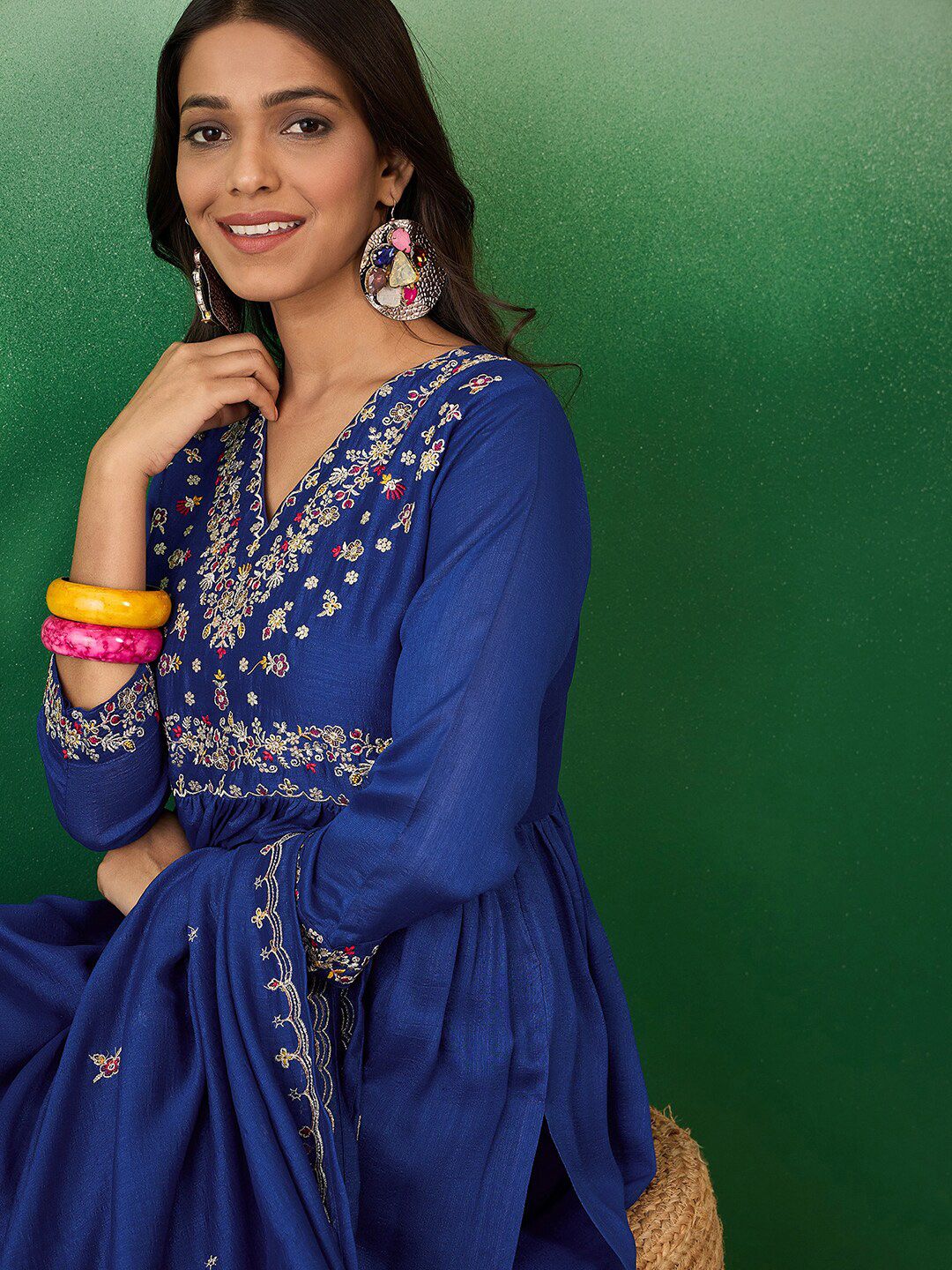 Dhiyona SN Women's Floral Embroidered A-Line Kurta With Palazzo & Dupatta