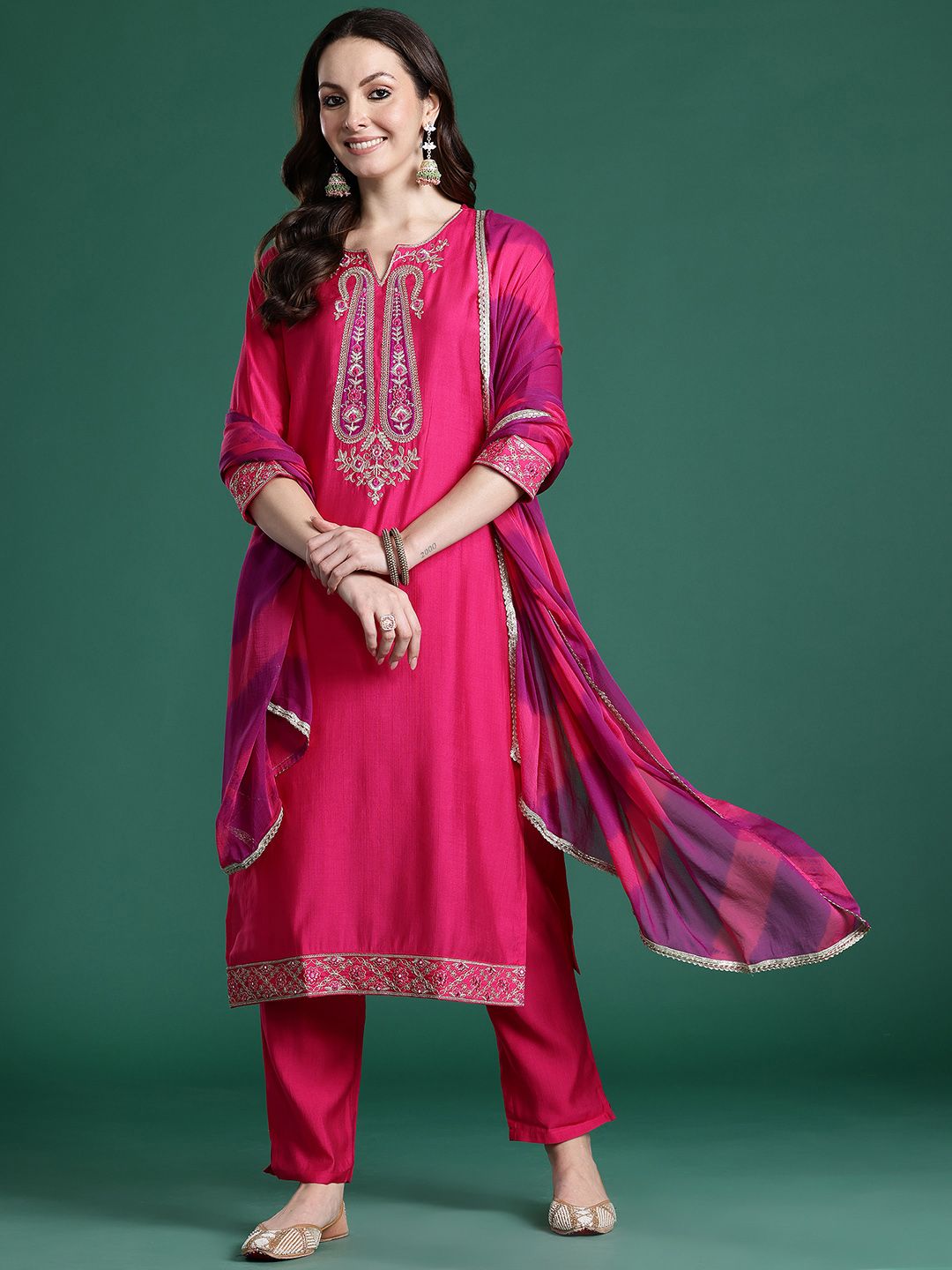 Paisley Embroidered Sequinned Kurta with Trousers & With Dupatta