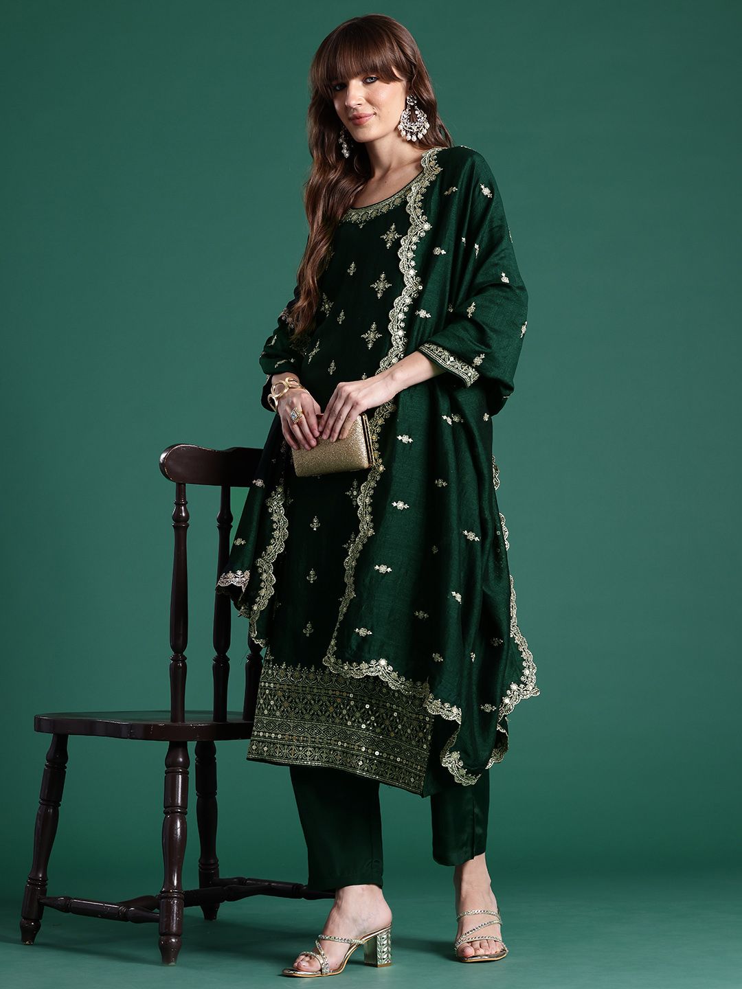 Ethnic Motifs Embroidered Kurta with Trousers & Dupatta