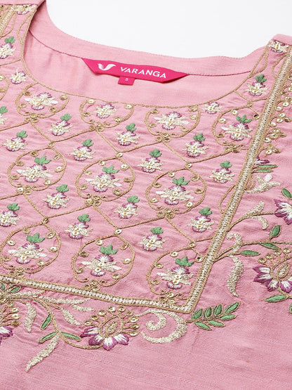 Dhiyona VA Women'sFloral Yoke Design Sequinned Dupion Silk Straight Kurta with Trouser & Dupatta