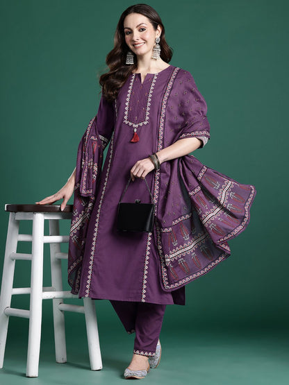 Thread Work Pure Cotton Kurta with Trousers & With Dupatta